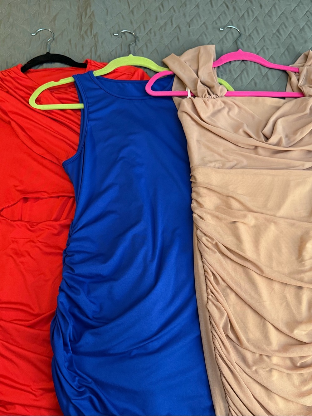 3 Dress Bundle! Amazon Women's Bodycon Ruched Dresses in Red, Blue, and Nude